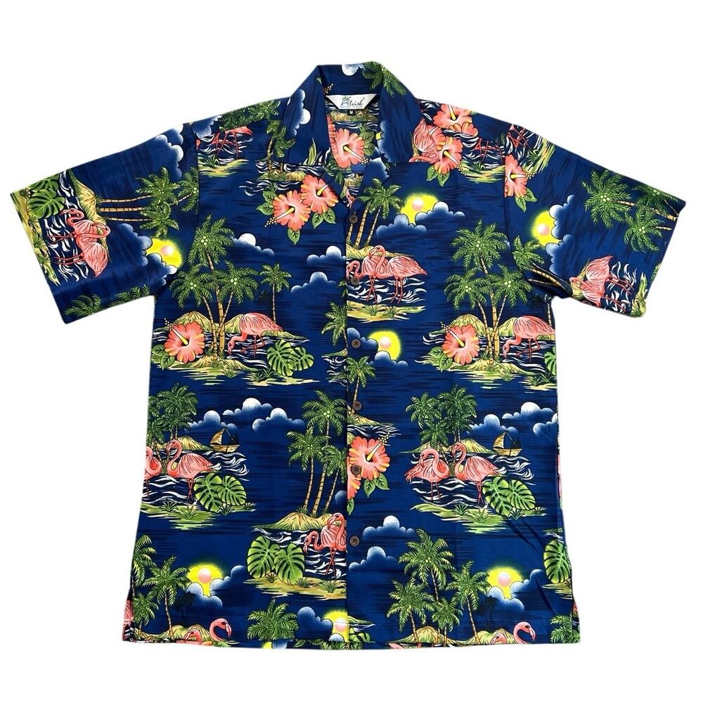 Alvish Hawaiian Flamingo Aloha Shirt Blue Tropical Print Vacation Summer - M